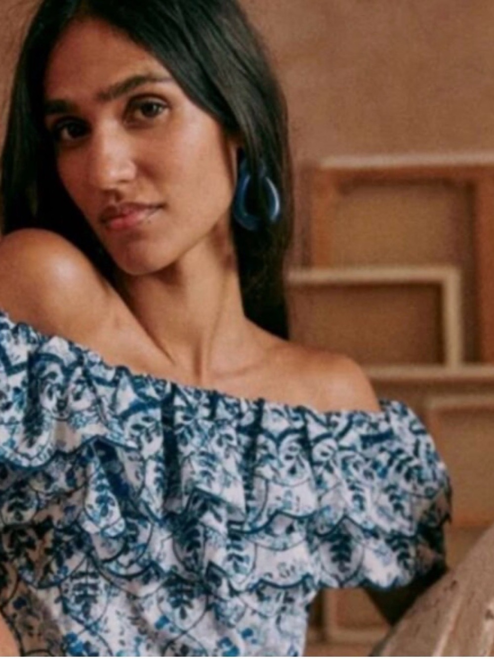 Sezane Leilani Top - Blue and White Off-Shoulder Ruffle Blouse Size 36 (US 4)